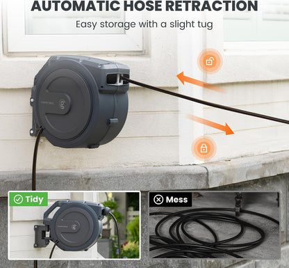 Retractable Garden Hose Reel 5/8" 90FT Auto Rewind Wall Mount