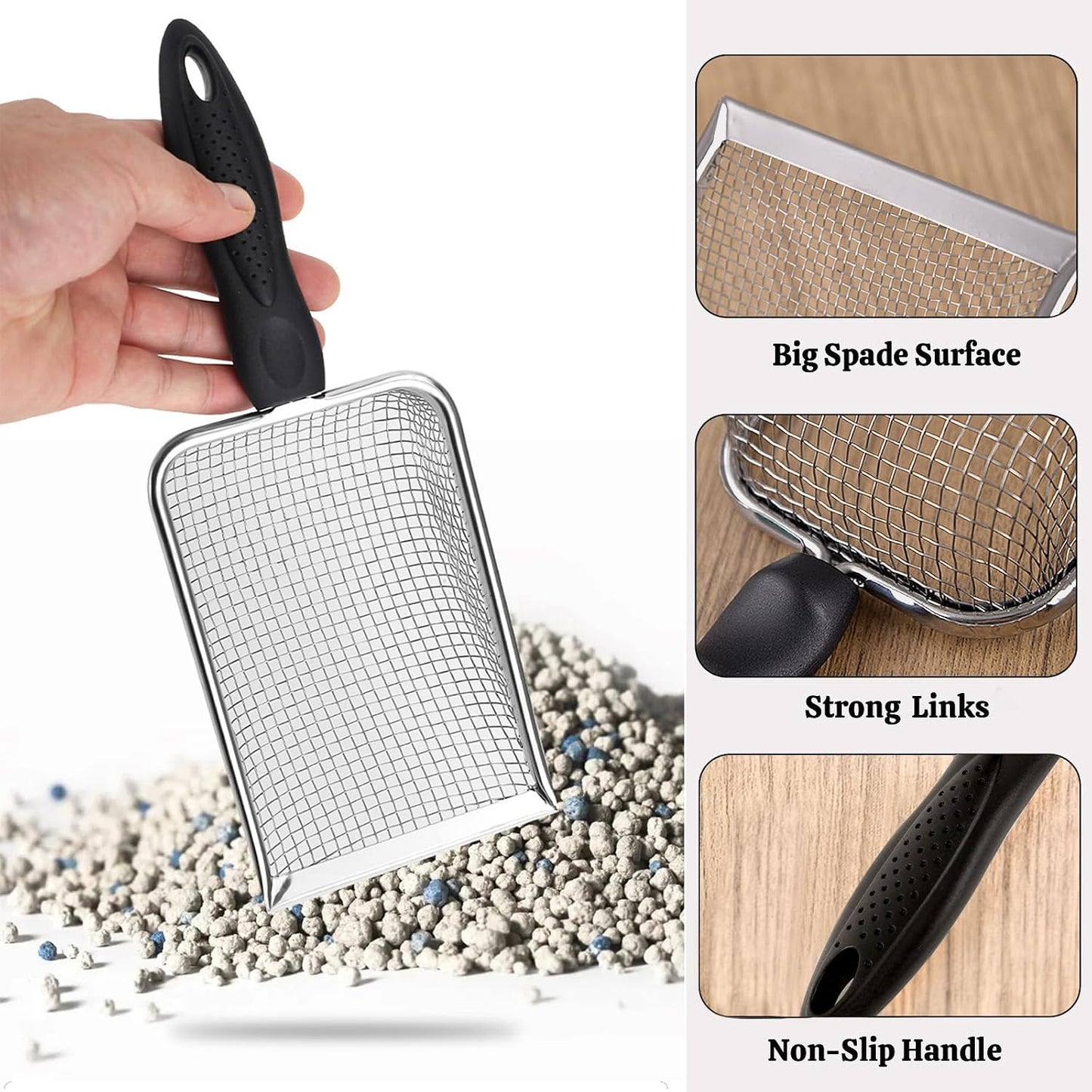 2 Packs Litter Scoop Stainless Steel Mesh Poop Scooper,Metal Litter Box Pooper Scoop Shovel with 2.0mm & 3.8mm Mesh for Dog,Cat,Rabbit,Hamster, Reptile, Sand and Litter Poop Sifter