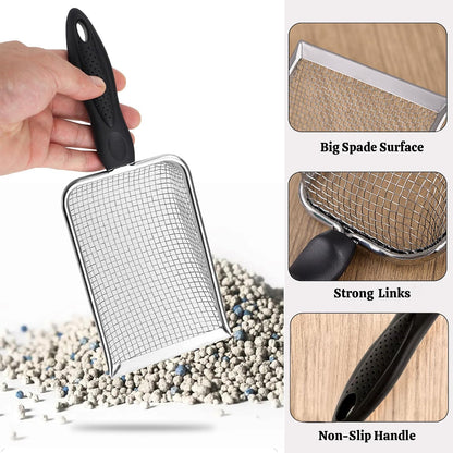 2 Packs Litter Scoop Stainless Steel Mesh Poop Scooper,Metal Litter Box Pooper Scoop Shovel with 2.0mm & 3.8mm Mesh for Dog,Cat,Rabbit,Hamster, Reptile, Sand and Litter Poop Sifter