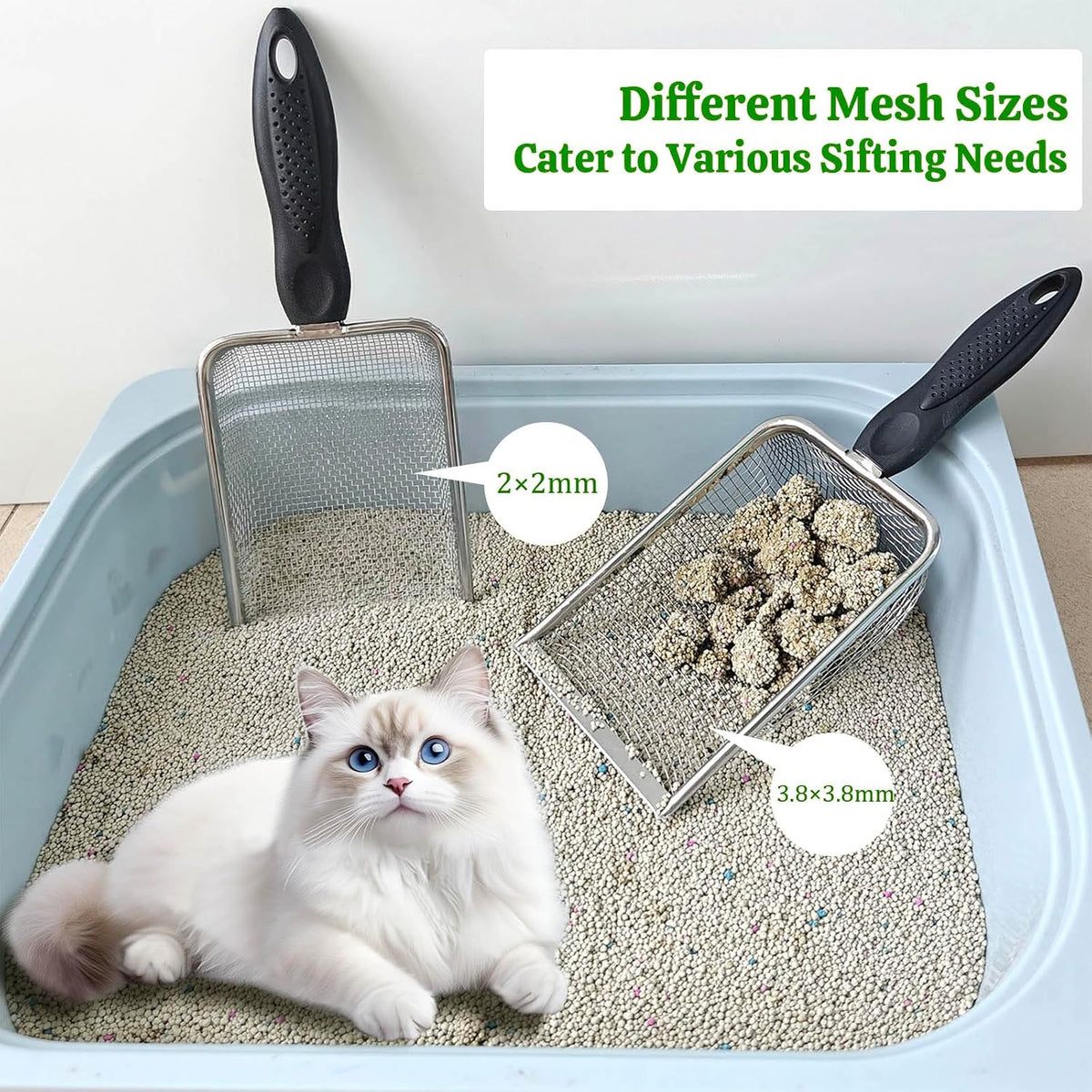2 Packs Litter Scoop Stainless Steel Mesh Poop Scooper,Metal Litter Box Pooper Scoop Shovel with 2.0mm & 3.8mm Mesh for Dog,Cat,Rabbit,Hamster, Reptile, Sand and Litter Poop Sifter