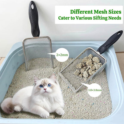 2 Packs Litter Scoop Stainless Steel Mesh Poop Scooper,Metal Litter Box Pooper Scoop Shovel with 2.0mm & 3.8mm Mesh for Dog,Cat,Rabbit,Hamster, Reptile, Sand and Litter Poop Sifter