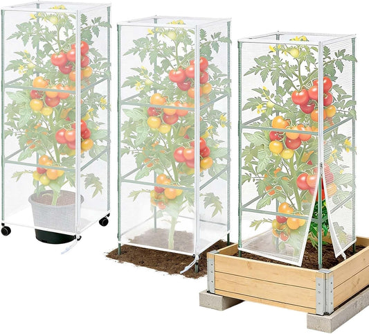 3Pack Garden Netting Cover for Square Tomato Cage, 60"x18.5"Bird Netting Barrier with Zipper Drawstring Tomato Trellis Net Mesh Climbing Plant Cover for Protecting Vegetable Fruits from Animals Insect