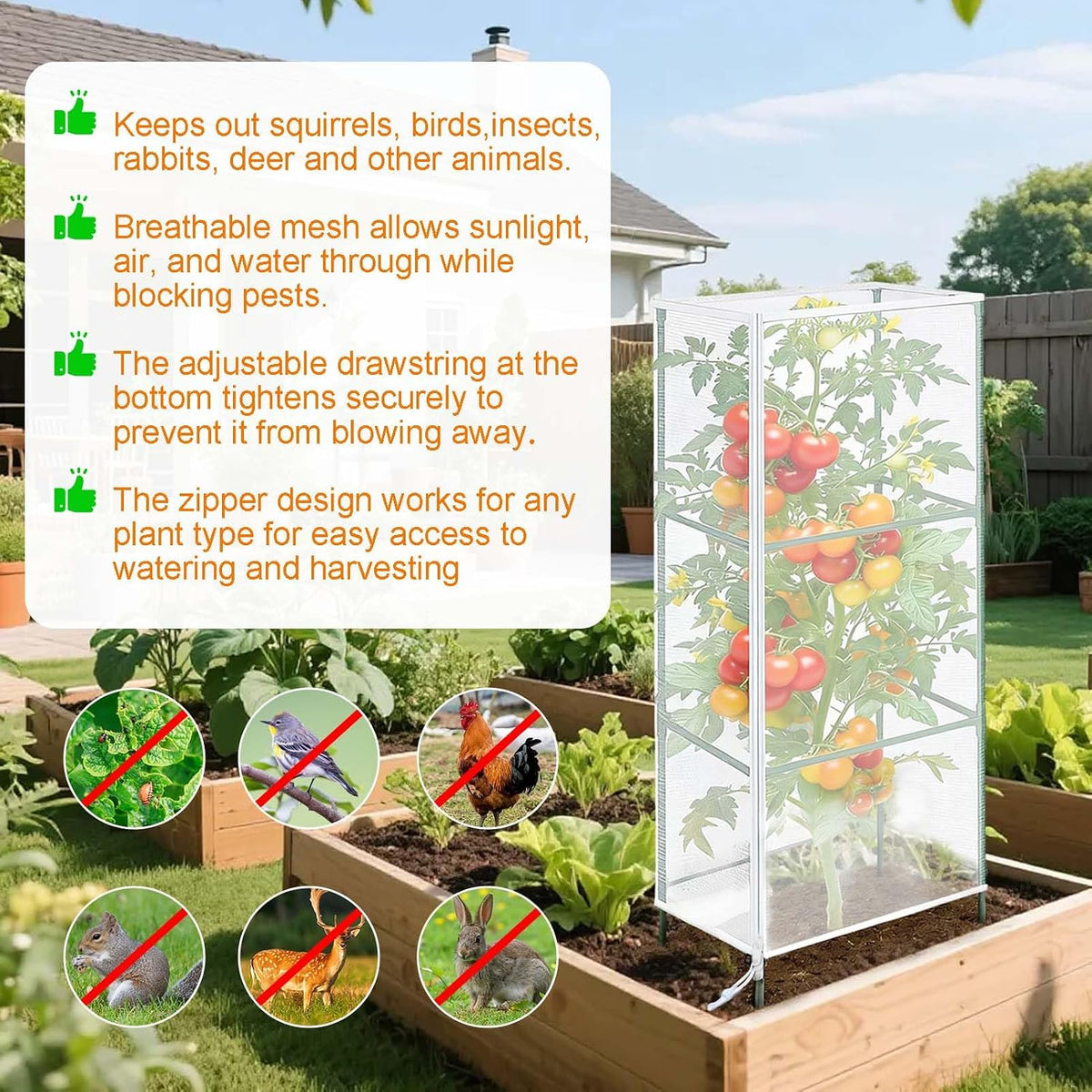3Pack Garden Netting Cover for Square Tomato Cage, 60"x18.5"Bird Netting Barrier with Zipper Drawstring Tomato Trellis Net Mesh Climbing Plant Cover for Protecting Vegetable Fruits from Animals Insect