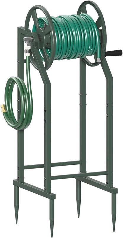 4-Spike Garden Hose Reel with 3.9ft Leader Hose & Stainless Fitting, Outdoor Hose Holder holds 125ft Hose of 5/8", Freestanding Metal Hose Stand for Outside Yard Lawn, Green