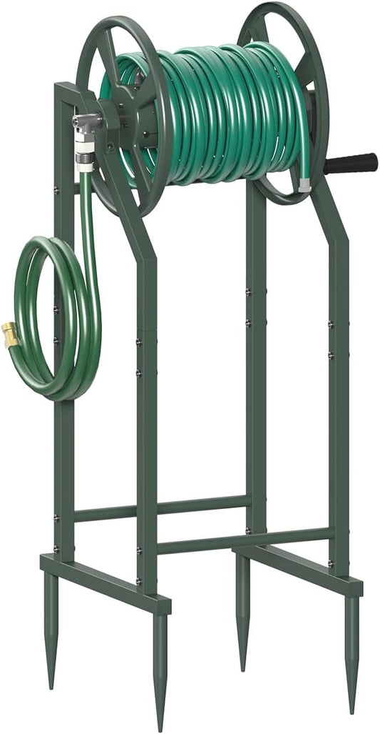 4-Spike Garden Hose Reel with 3.9ft Leader Hose & Stainless Fitting, Outdoor Hose Holder holds 125ft Hose of 5/8", Freestanding Metal Hose Stand for Outside Yard Lawn, Green