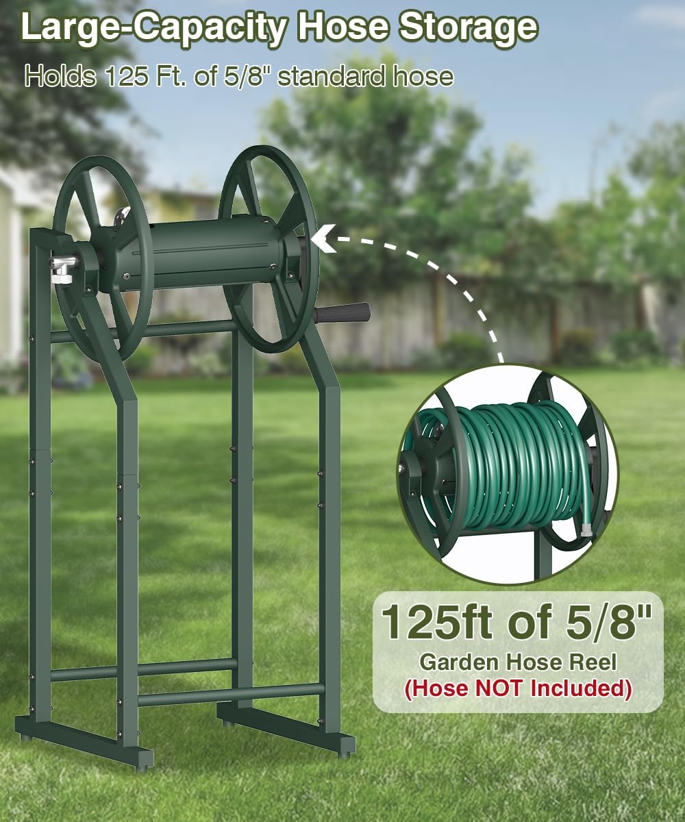 4-Spike Garden Hose Reel with 3.9ft Leader Hose & Stainless Fitting, Outdoor Hose Holder holds 125ft Hose of 5/8", Freestanding Metal Hose Stand for Outside Yard Lawn, Green