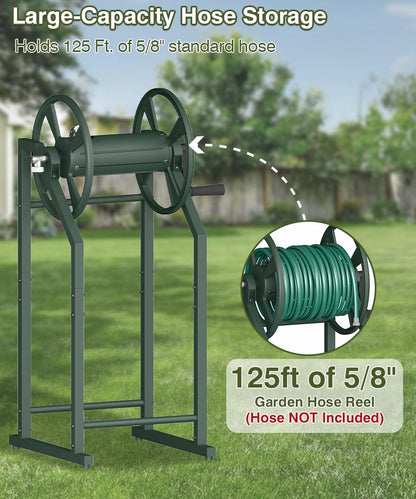 4-Spike Garden Hose Reel with 3.9ft Leader Hose & Stainless Fitting, Outdoor Hose Holder holds 125ft Hose of 5/8", Freestanding Metal Hose Stand for Outside Yard Lawn, Green
