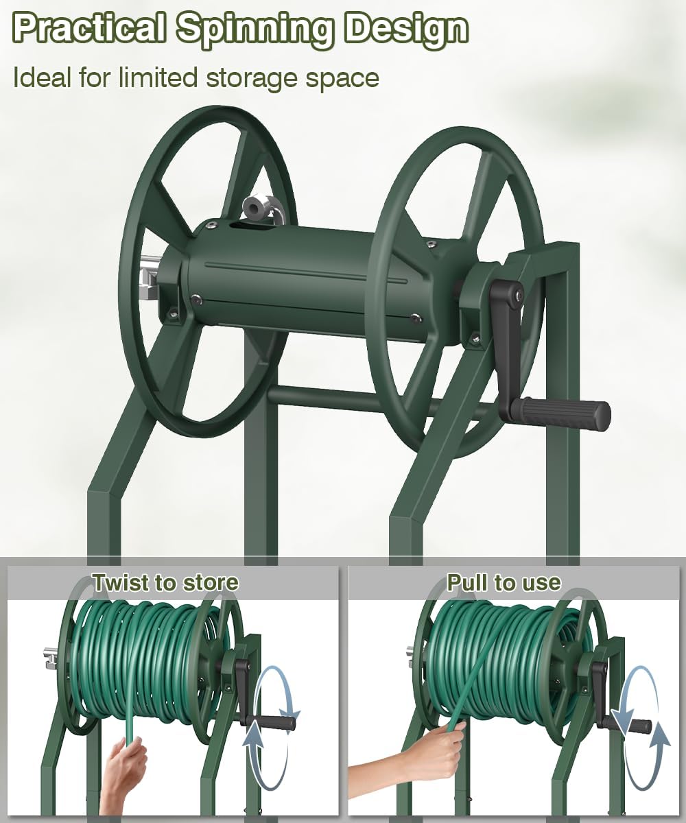 4-Spike Garden Hose Reel with 3.9ft Leader Hose & Stainless Fitting, Outdoor Hose Holder holds 125ft Hose of 5/8", Freestanding Metal Hose Stand for Outside Yard Lawn, Green