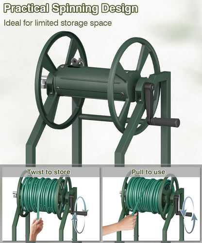 4-Spike Garden Hose Reel with 3.9ft Leader Hose & Stainless Fitting, Outdoor Hose Holder holds 125ft Hose of 5/8", Freestanding Metal Hose Stand for Outside Yard Lawn, Green