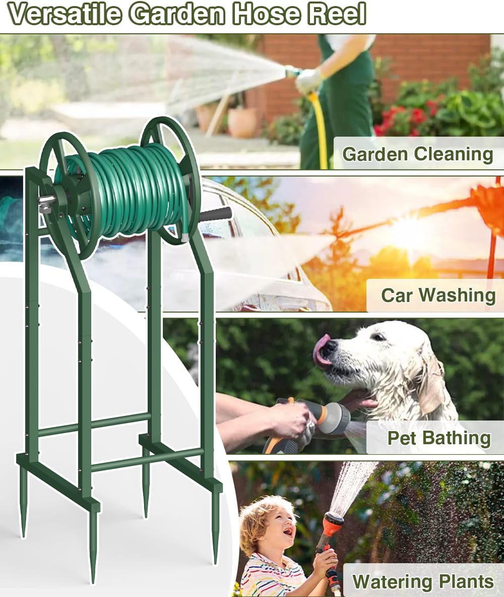 4-Spike Garden Hose Reel with 3.9ft Leader Hose & Stainless Fitting, Outdoor Hose Holder holds 125ft Hose of 5/8", Freestanding Metal Hose Stand for Outside Yard Lawn, Green