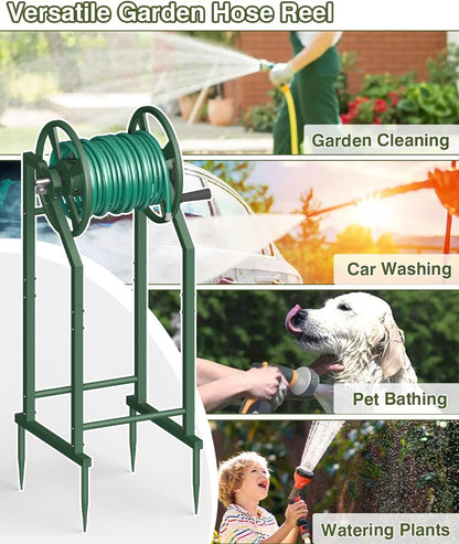 4-Spike Garden Hose Reel with 3.9ft Leader Hose & Stainless Fitting, Outdoor Hose Holder holds 125ft Hose of 5/8", Freestanding Metal Hose Stand for Outside Yard Lawn, Green