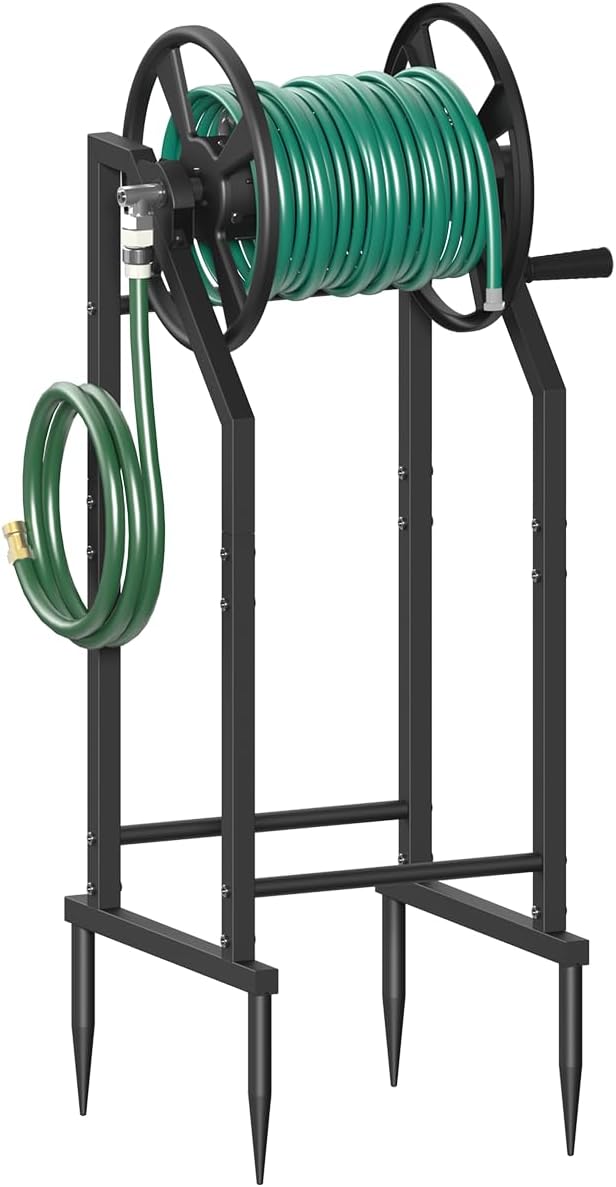4-Spike Garden Hose Reel with 3.9ft Leader Hose & Stainless Fitting, Outdoor Hose Holder holds 125ft Hose of 5/8", Freestanding Metal Hose Stand for Outside Yard Lawn, Green