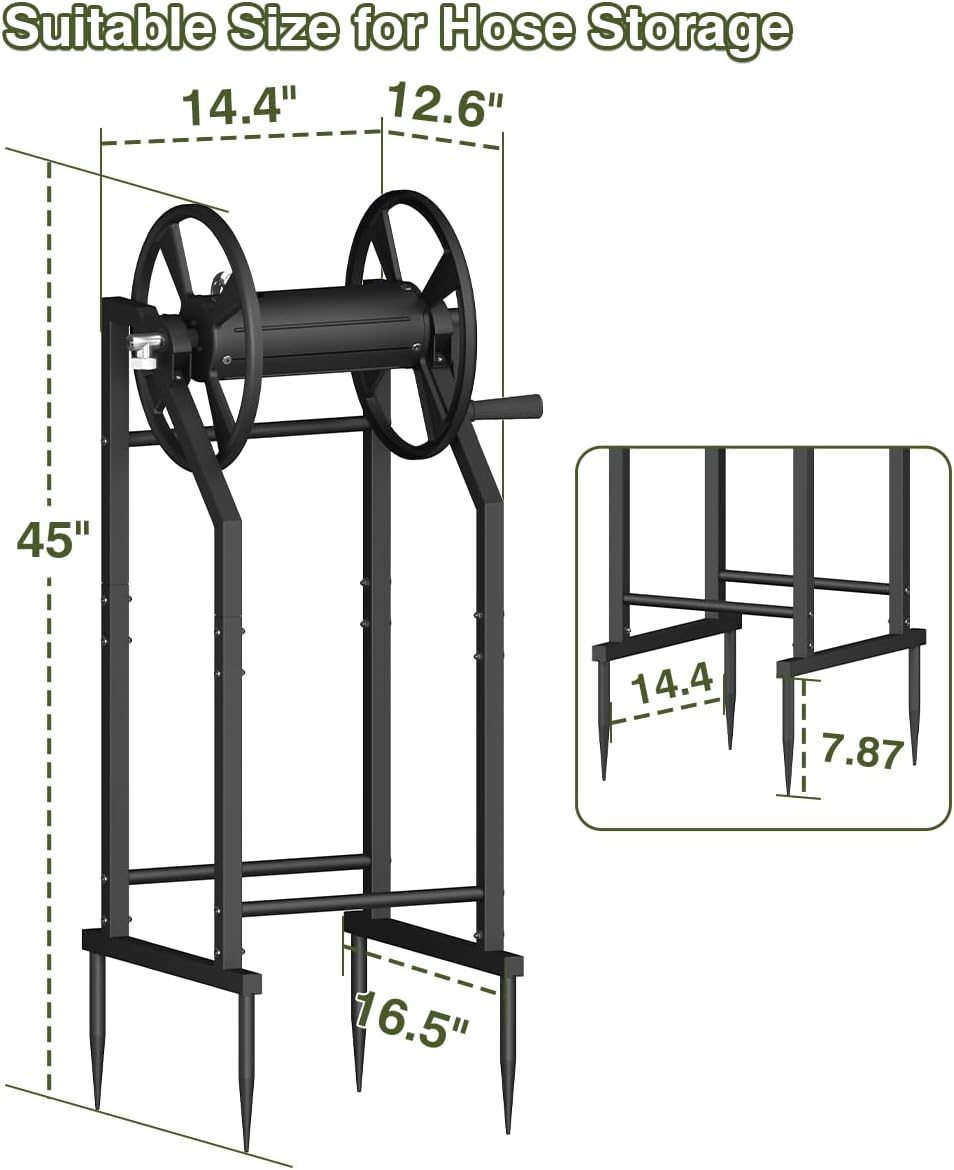 4-Spike Garden Hose Reel with 3.9ft Leader Hose & Stainless Fitting, Outdoor Hose Holder holds 125ft Hose of 5/8", Freestanding Metal Hose Stand for Outside Yard Lawn, Green