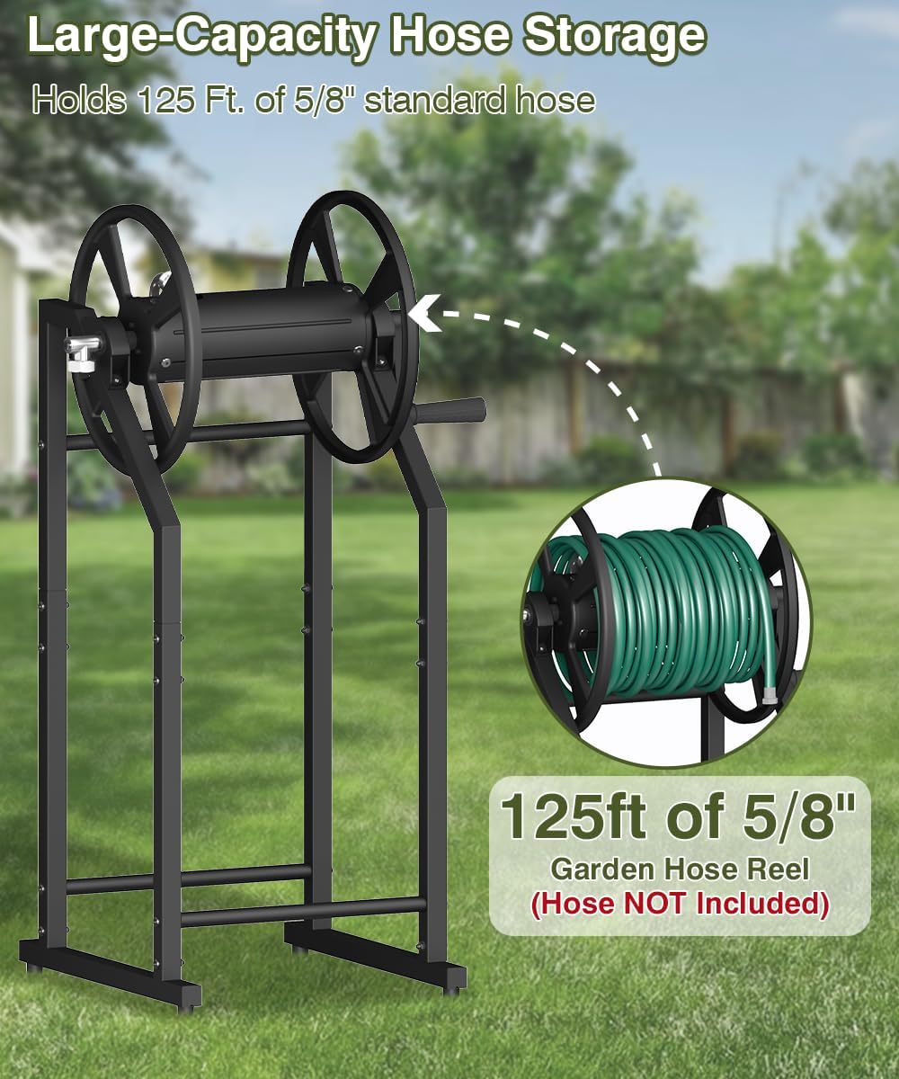 4-Spike Garden Hose Reel with 3.9ft Leader Hose & Stainless Fitting, Outdoor Hose Holder holds 125ft Hose of 5/8", Freestanding Metal Hose Stand for Outside Yard Lawn, Green