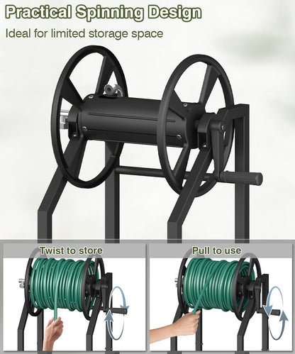 4-Spike Garden Hose Reel with 3.9ft Leader Hose & Stainless Fitting, Outdoor Hose Holder holds 125ft Hose of 5/8", Freestanding Metal Hose Stand for Outside Yard Lawn, Green