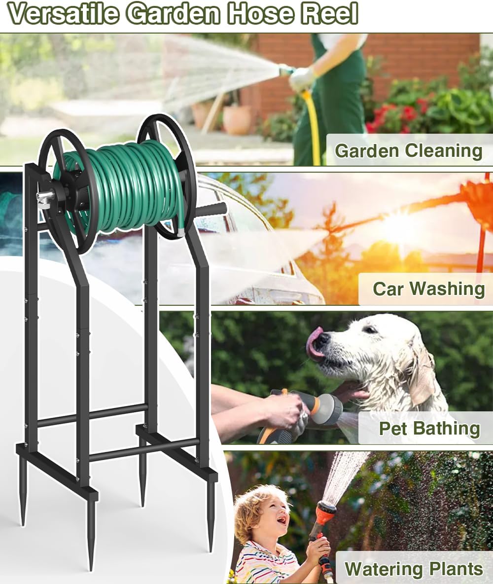 4-Spike Garden Hose Reel with 3.9ft Leader Hose & Stainless Fitting, Outdoor Hose Holder holds 125ft Hose of 5/8", Freestanding Metal Hose Stand for Outside Yard Lawn, Green