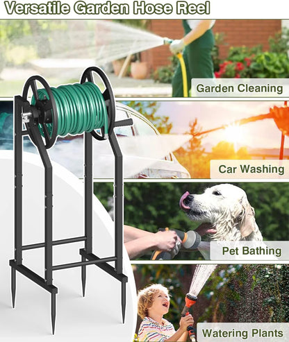 4-Spike Garden Hose Reel with 3.9ft Leader Hose & Stainless Fitting, Outdoor Hose Holder holds 125ft Hose of 5/8", Freestanding Metal Hose Stand for Outside Yard Lawn, Green