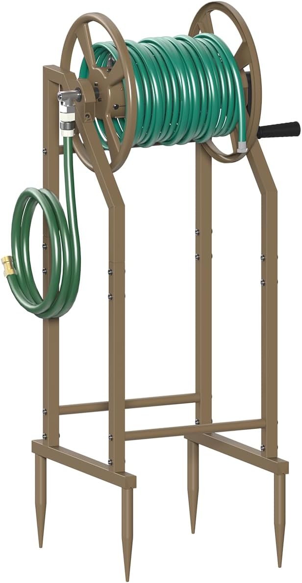 4-Spike Garden Hose Reel with 3.9ft Leader Hose & Stainless Fitting, Outdoor Hose Holder holds 125ft Hose of 5/8", Freestanding Metal Hose Stand for Outside Yard Lawn, Green
