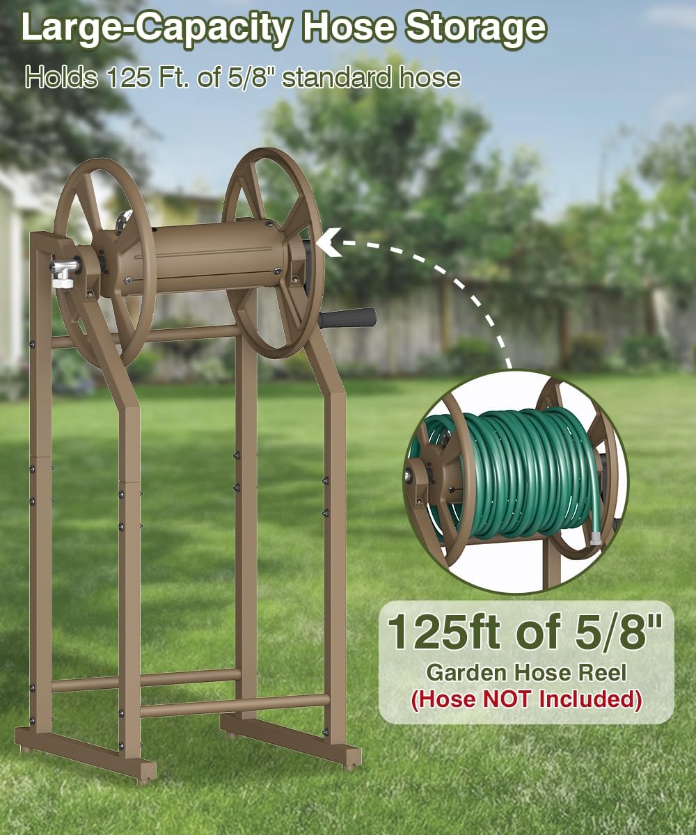 4-Spike Garden Hose Reel with 3.9ft Leader Hose & Stainless Fitting, Outdoor Hose Holder holds 125ft Hose of 5/8", Freestanding Metal Hose Stand for Outside Yard Lawn, Green