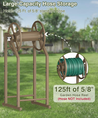 4-Spike Garden Hose Reel with 3.9ft Leader Hose & Stainless Fitting, Outdoor Hose Holder holds 125ft Hose of 5/8", Freestanding Metal Hose Stand for Outside Yard Lawn, Green