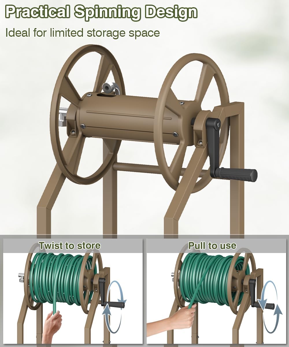 4-Spike Garden Hose Reel with 3.9ft Leader Hose & Stainless Fitting, Outdoor Hose Holder holds 125ft Hose of 5/8", Freestanding Metal Hose Stand for Outside Yard Lawn, Green