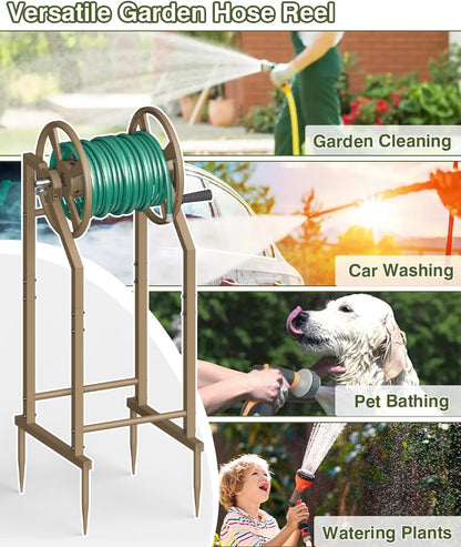 4-Spike Garden Hose Reel with 3.9ft Leader Hose & Stainless Fitting, Outdoor Hose Holder holds 125ft Hose of 5/8", Freestanding Metal Hose Stand for Outside Yard Lawn, Green