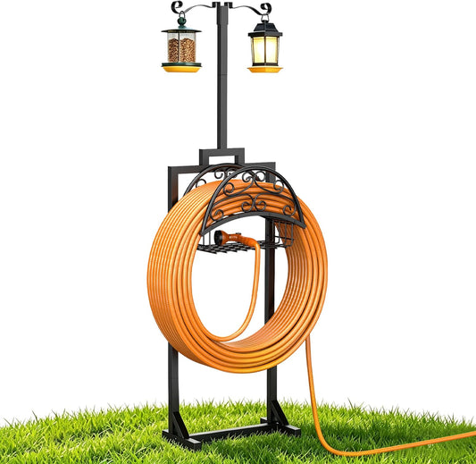 Garden Hose Holder with Shepherds Hooks - Freestanding Metal Water Hose Holder Stand Holds 160ft, Heavy Duty Garden Hanger Storage Rack for Outside Yard Lawn Farm