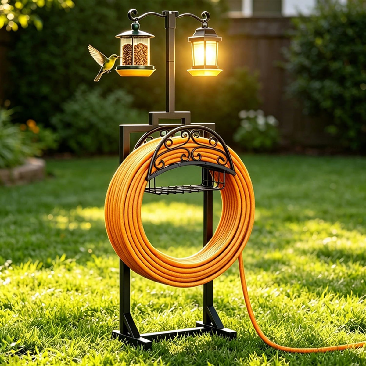 Garden Hose Holder with Shepherds Hooks - Freestanding Metal Water Hose Holder Stand Holds 160ft, Heavy Duty Garden Hanger Storage Rack for Outside Yard Lawn Farm