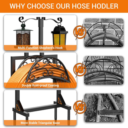 Garden Hose Holder with Shepherds Hooks - Freestanding Metal Water Hose Holder Stand Holds 160ft, Heavy Duty Garden Hanger Storage Rack for Outside Yard Lawn Farm