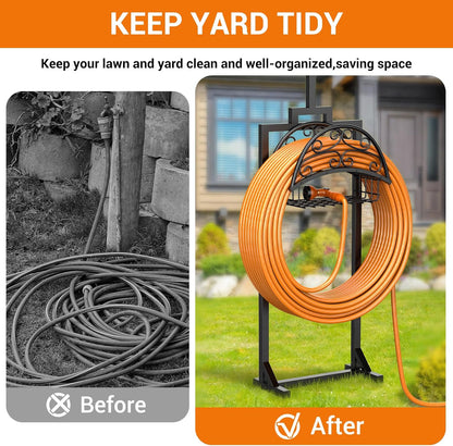 Garden Hose Holder with Shepherds Hooks - Freestanding Metal Water Hose Holder Stand Holds 160ft, Heavy Duty Garden Hanger Storage Rack for Outside Yard Lawn Farm