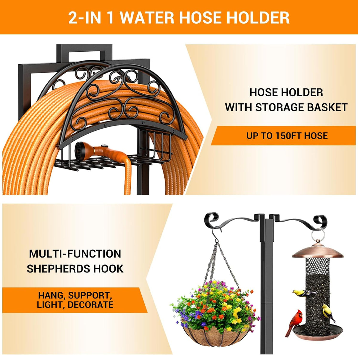 Garden Hose Holder with Shepherds Hooks - Freestanding Metal Water Hose Holder Stand Holds 160ft, Heavy Duty Garden Hanger Storage Rack for Outside Yard Lawn Farm