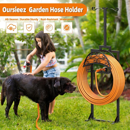 Garden Hose Holder with Shepherds Hooks - Freestanding Metal Water Hose Holder Stand Holds 160ft, Heavy Duty Garden Hanger Storage Rack for Outside Yard Lawn Farm