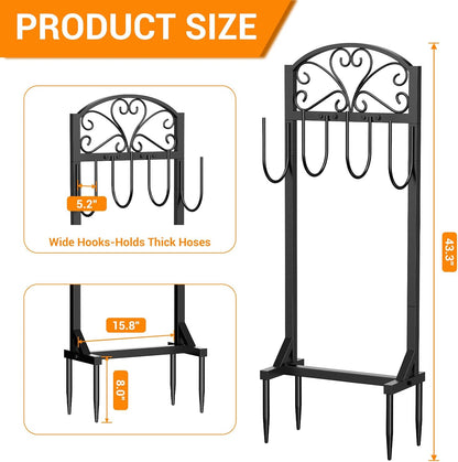 Garden Hose Holder with Shepherds Hooks - Freestanding Metal Water Hose Holder Stand Holds 160ft, Heavy Duty Garden Hanger Storage Rack for Outside Yard Lawn Farm