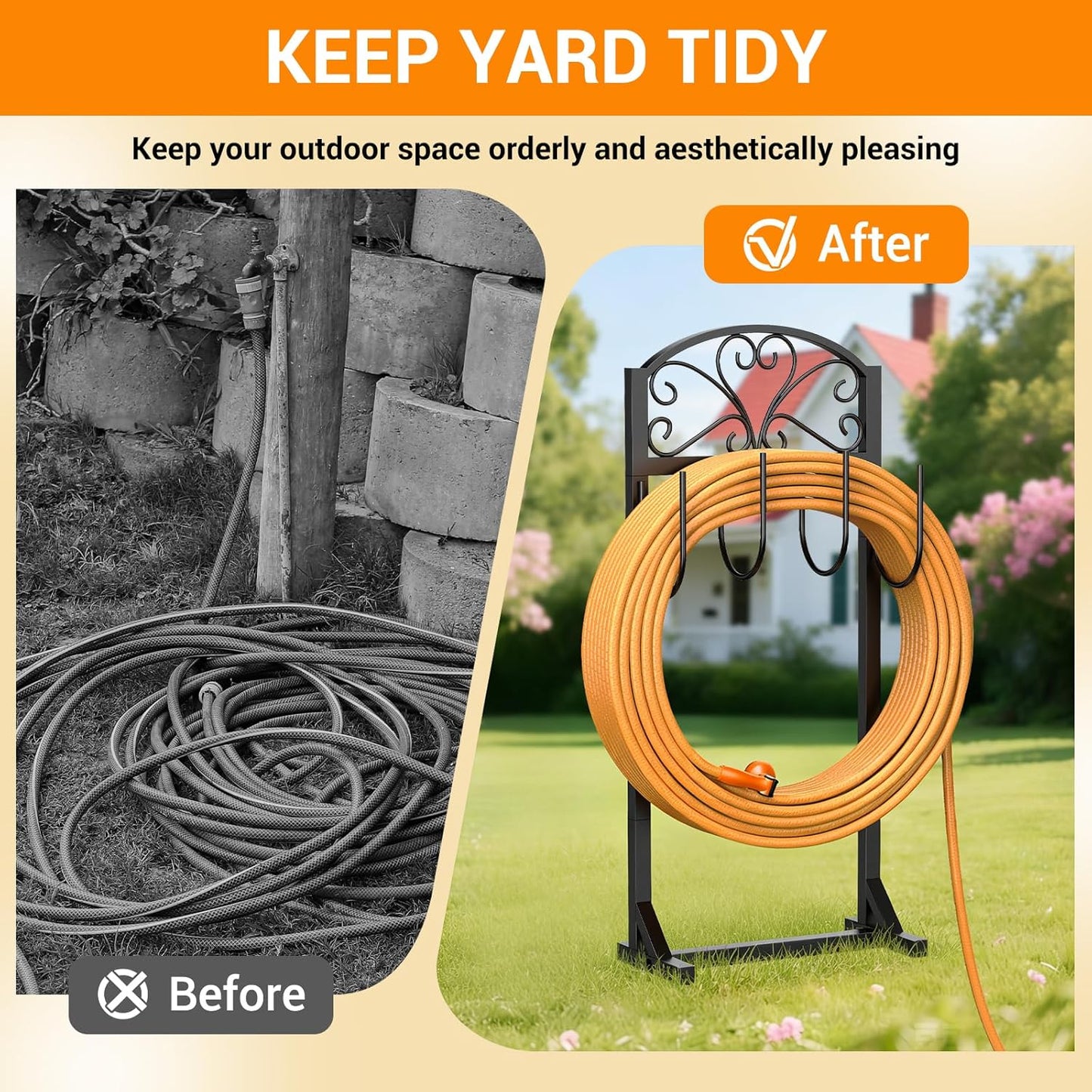 Garden Hose Holder with Shepherds Hooks - Freestanding Metal Water Hose Holder Stand Holds 160ft, Heavy Duty Garden Hanger Storage Rack for Outside Yard Lawn Farm