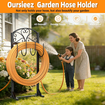 Garden Hose Holder with Shepherds Hooks - Freestanding Metal Water Hose Holder Stand Holds 160ft, Heavy Duty Garden Hanger Storage Rack for Outside Yard Lawn Farm