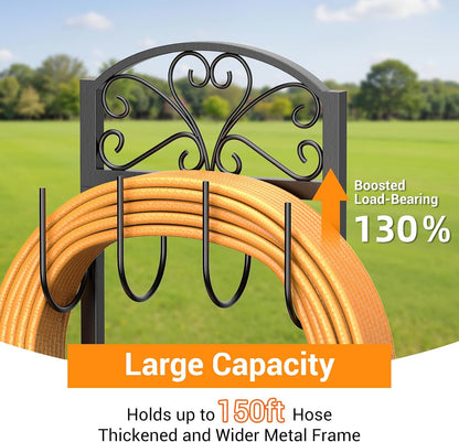 Garden Hose Holder with Shepherds Hooks - Freestanding Metal Water Hose Holder Stand Holds 160ft, Heavy Duty Garden Hanger Storage Rack for Outside Yard Lawn Farm