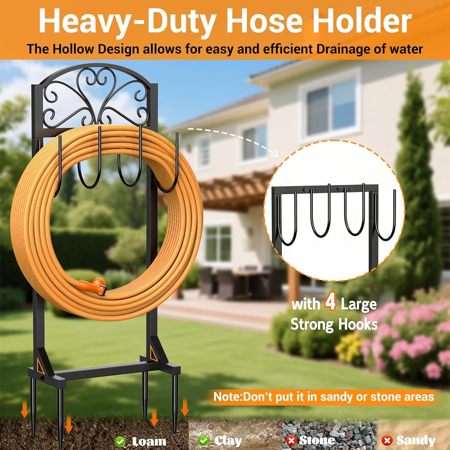 Garden Hose Holder with Shepherds Hooks - Freestanding Metal Water Hose Holder Stand Holds 160ft, Heavy Duty Garden Hanger Storage Rack for Outside Yard Lawn Farm