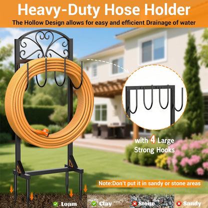 Garden Hose Holder with Shepherds Hooks - Freestanding Metal Water Hose Holder Stand Holds 160ft, Heavy Duty Garden Hanger Storage Rack for Outside Yard Lawn Farm
