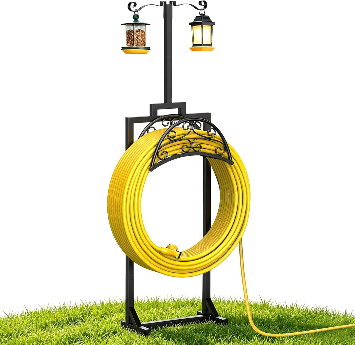 Garden Hose Holder with Shepherds Hooks - Freestanding Metal Water Hose Holder Stand Holds 160ft, Heavy Duty Garden Hanger Storage Rack for Outside Yard Lawn Farm