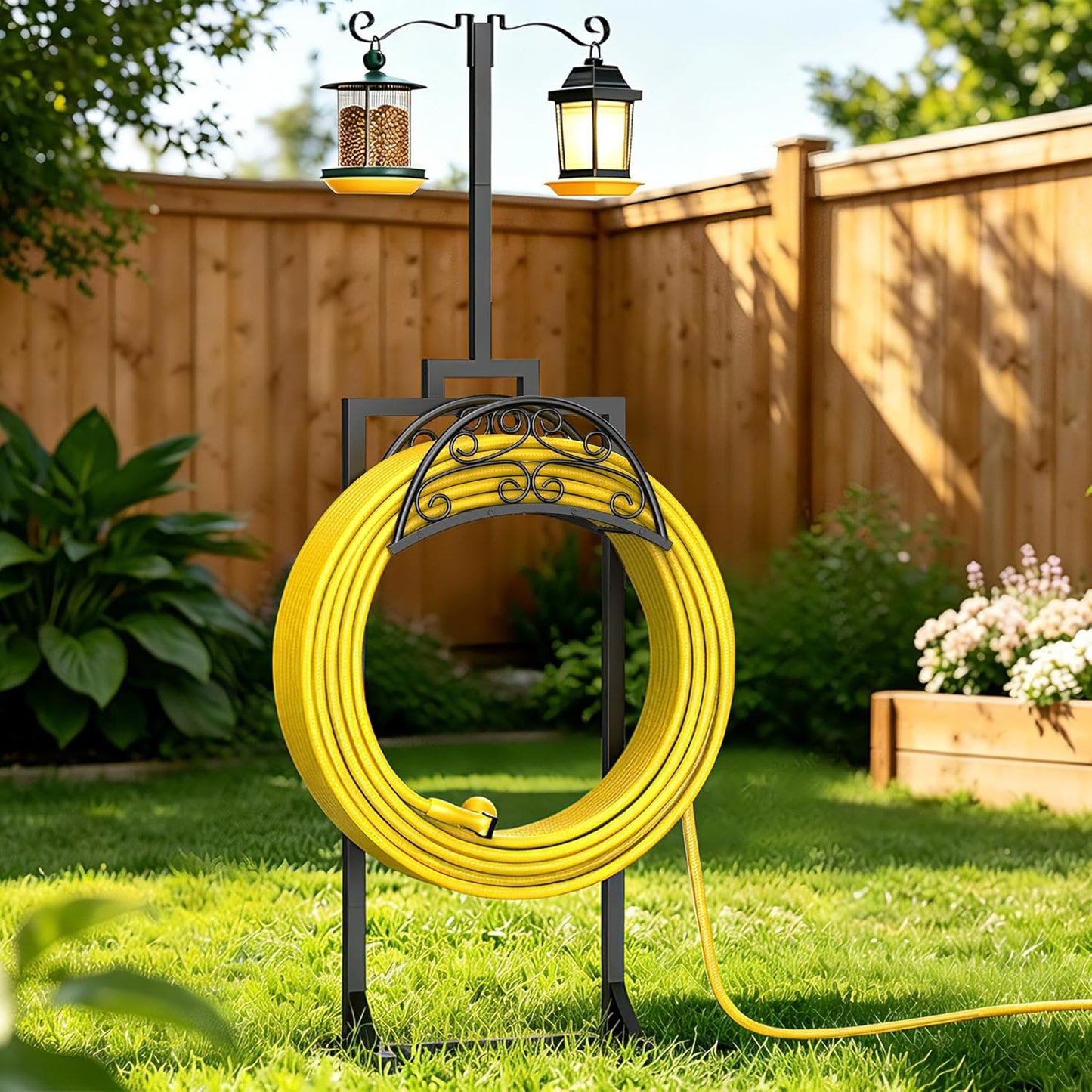 Garden Hose Holder with Shepherds Hooks - Freestanding Metal Water Hose Holder Stand Holds 160ft, Heavy Duty Garden Hanger Storage Rack for Outside Yard Lawn Farm