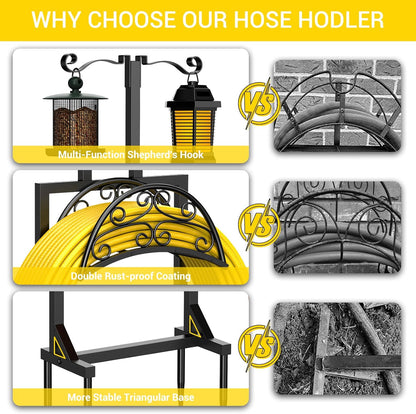 Garden Hose Holder with Shepherds Hooks - Freestanding Metal Water Hose Holder Stand Holds 160ft, Heavy Duty Garden Hanger Storage Rack for Outside Yard Lawn Farm