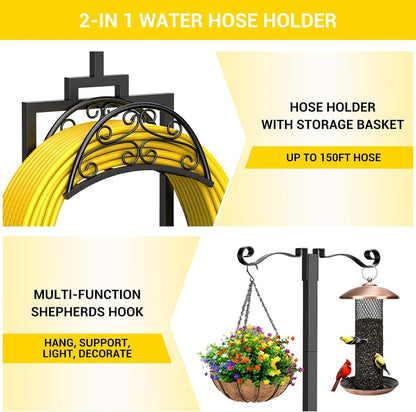 Garden Hose Holder with Shepherds Hooks - Freestanding Metal Water Hose Holder Stand Holds 160ft, Heavy Duty Garden Hanger Storage Rack for Outside Yard Lawn Farm