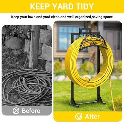 Garden Hose Holder with Shepherds Hooks - Freestanding Metal Water Hose Holder Stand Holds 160ft, Heavy Duty Garden Hanger Storage Rack for Outside Yard Lawn Farm