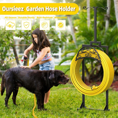 Garden Hose Holder with Shepherds Hooks - Freestanding Metal Water Hose Holder Stand Holds 160ft, Heavy Duty Garden Hanger Storage Rack for Outside Yard Lawn Farm
