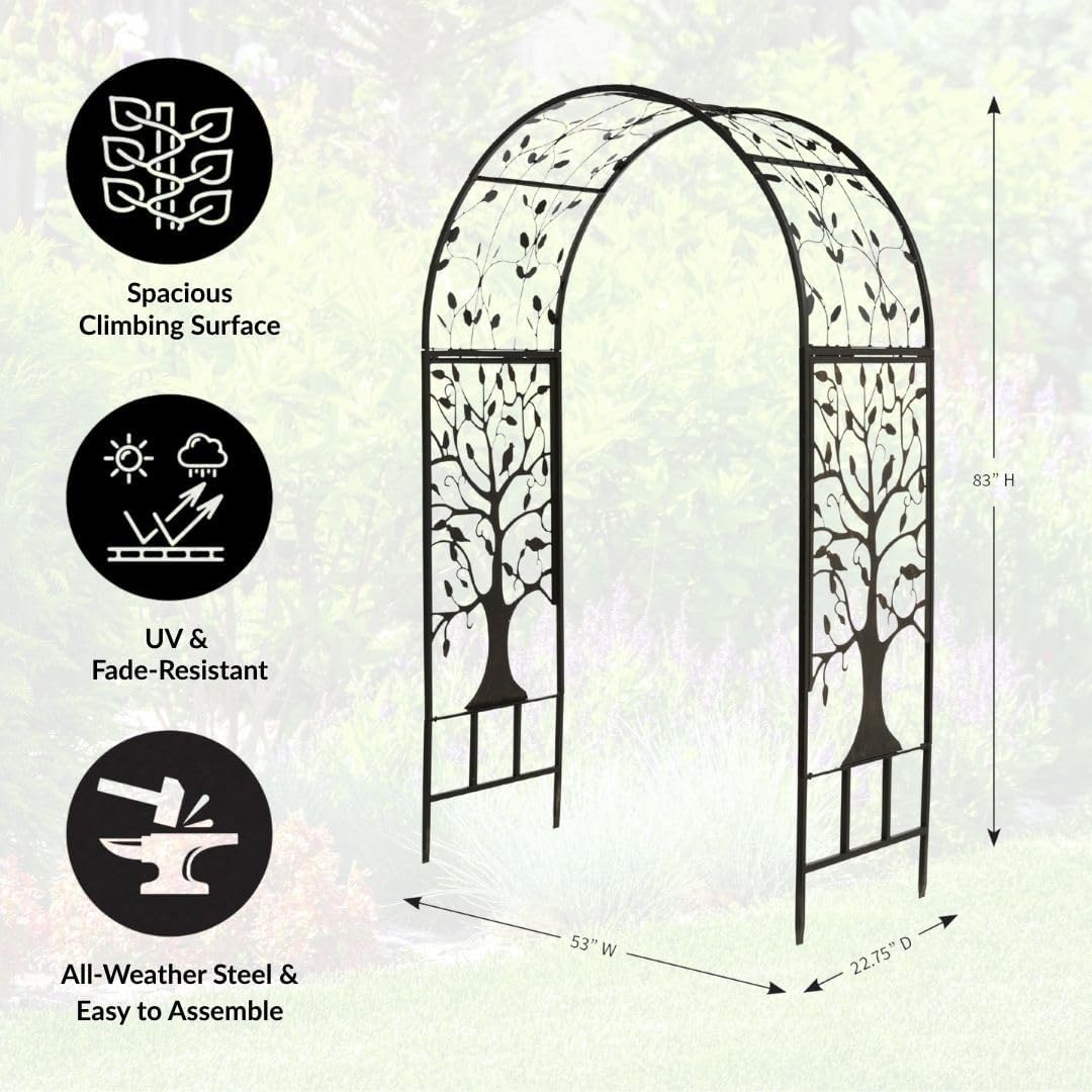 Arch Metal Outdoor Garden Arbor | Tree of Life | 83 Inches Tall | Black | Steel Trellis Lattice for Plants & Heavy Vines | Wedding | Outdoor Patio Décor