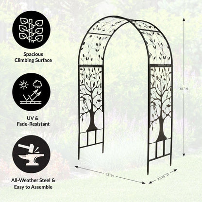 Arch Metal Outdoor Garden Arbor | Tree of Life | 83 Inches Tall | Black | Steel Trellis Lattice for Plants & Heavy Vines | Wedding | Outdoor Patio Décor