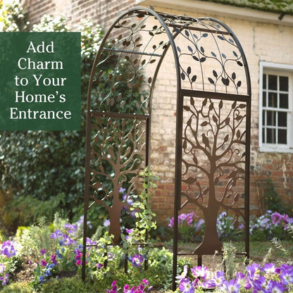 Arch Metal Outdoor Garden Arbor | Tree of Life | 83 Inches Tall | Black | Steel Trellis Lattice for Plants & Heavy Vines | Wedding | Outdoor Patio Décor
