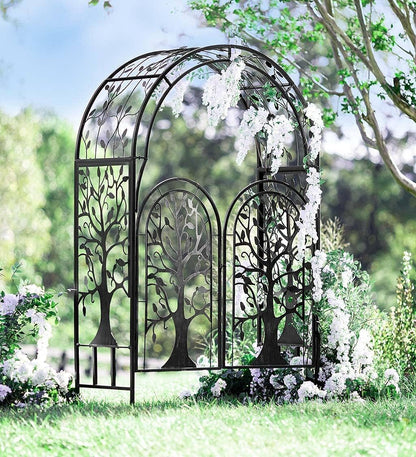 Arch Metal Outdoor Garden Arbor | Tree of Life | 83 Inches Tall | Black | Steel Trellis Lattice for Plants & Heavy Vines | Wedding | Outdoor Patio Décor