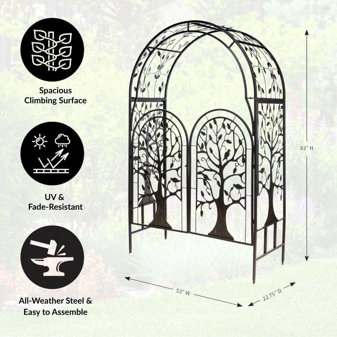Arch Metal Outdoor Garden Arbor | Tree of Life | 83 Inches Tall | Black | Steel Trellis Lattice for Plants & Heavy Vines | Wedding | Outdoor Patio Décor