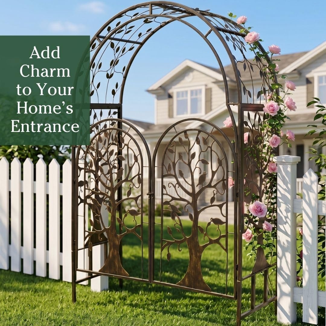 Arch Metal Outdoor Garden Arbor | Tree of Life | 83 Inches Tall | Black | Steel Trellis Lattice for Plants & Heavy Vines | Wedding | Outdoor Patio Décor